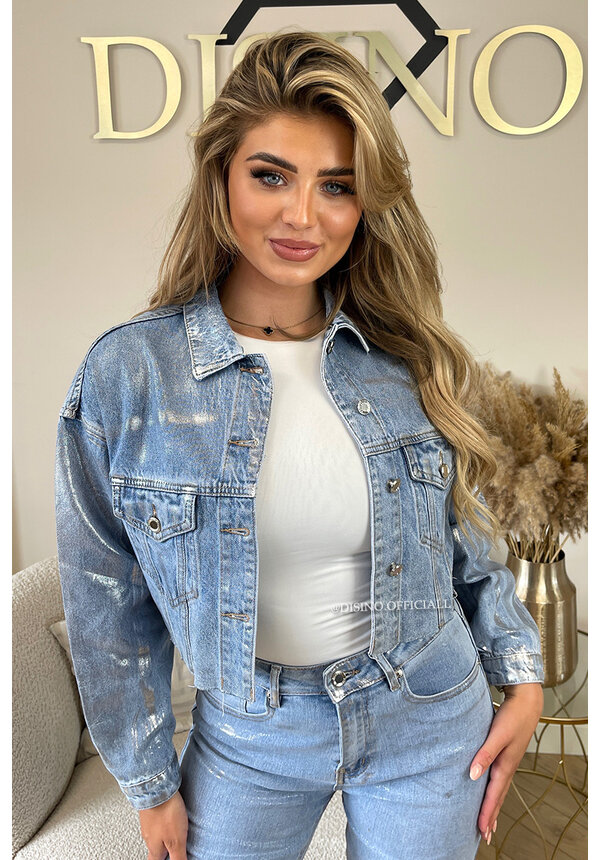 BLUE 'METALLIC BRUSH JACKET' EXCLUSIVE CROPPED METALLIC DENIM