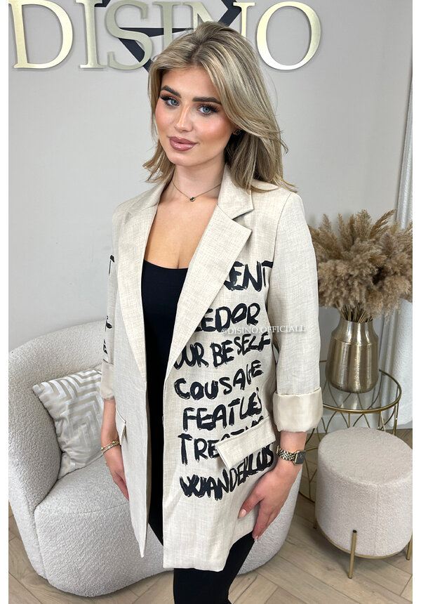 BEIGE/BLACK - 'CARMEN V2 BLAZER' - LINNEN LOOK GRAFFITI TEXT BLAZER