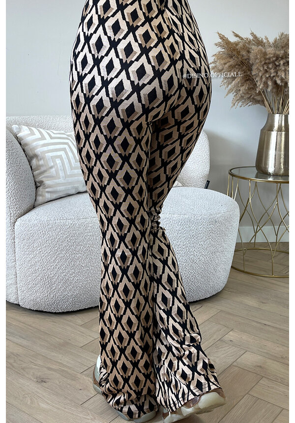 BEIGE - 'MELI' - PERFECT FIT PREMIUM QUALITY PRINTED FLARED PANTS