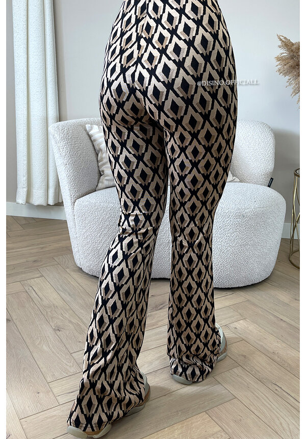 BEIGE - 'MELI' - PERFECT FIT PREMIUM QUALITY PRINTED FLARED PANTS