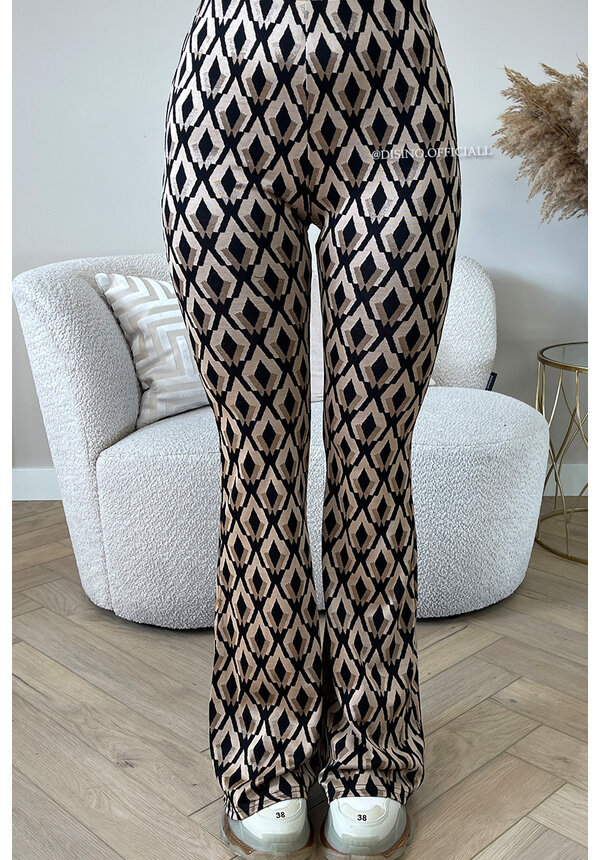 BEIGE - 'MELI' - PERFECT FIT PREMIUM QUALITY PRINTED FLARED PANTS