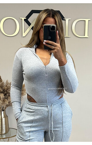 GREY - 'TYRA BODYSUIT' - HIGH CUT ZIPPER BODYSUIT 