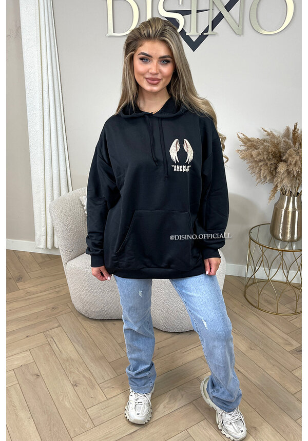 Oversized Hooded Jacket with Angelic Graphic Back Design - Black main image 1