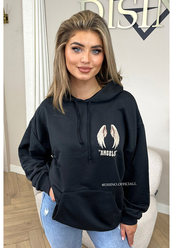 Oversized Hooded Jacket with Angelic Graphic Back Design - Black