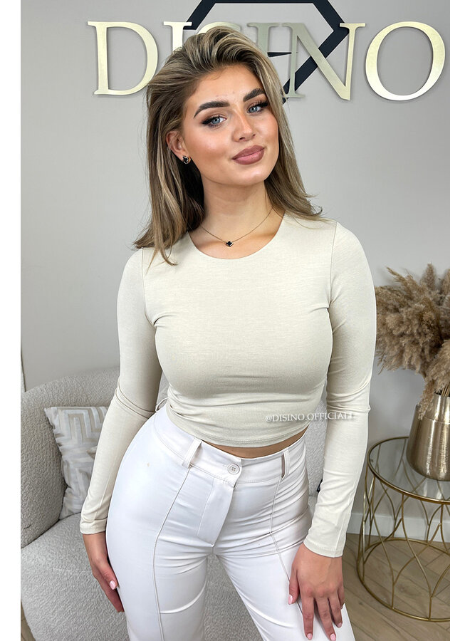 BEIGE - 'BECKY' - LONG SLEEVE CROP TOP