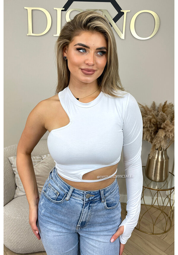 WHITE - 'JUUL TOP' - ONE ARM CROPPED LONG SLEEVE TOP