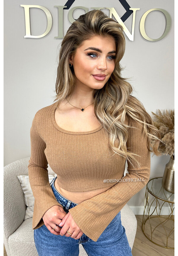 CAMEL - 'ELISE TOP' - RIBBED BELL SLEEVE CROPPED TOP