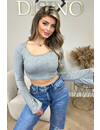 GREY - 'ELISE TOP' - RIBBED BELL SLEEVE CROPPED TOP