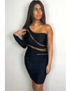 BLACK - 'CELINA DRESS' - INSPIRED SUPER STRETCH ONE-ARM MESH DRESS