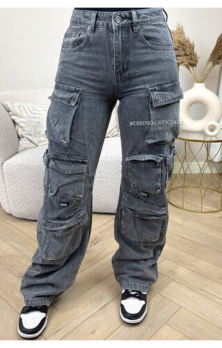 DARK GREY - 'YADE DENIM' - PREMIUM QUALITY CARGO POCKET JEANS DARK GREY - 'YADE DENIM' - PREMIUM QUALITY CARGO POCKET JEANS