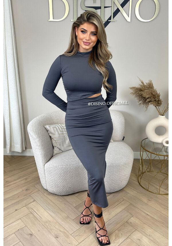 GREY - 'ZOEY DRESS' - CLASSY CUT-OUT LONG SLEEVE DRESS