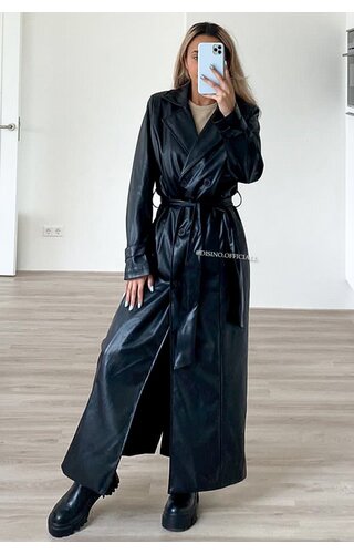 BLACK - 'LOIS' - MAXI VEGAN LEATHER COAT 