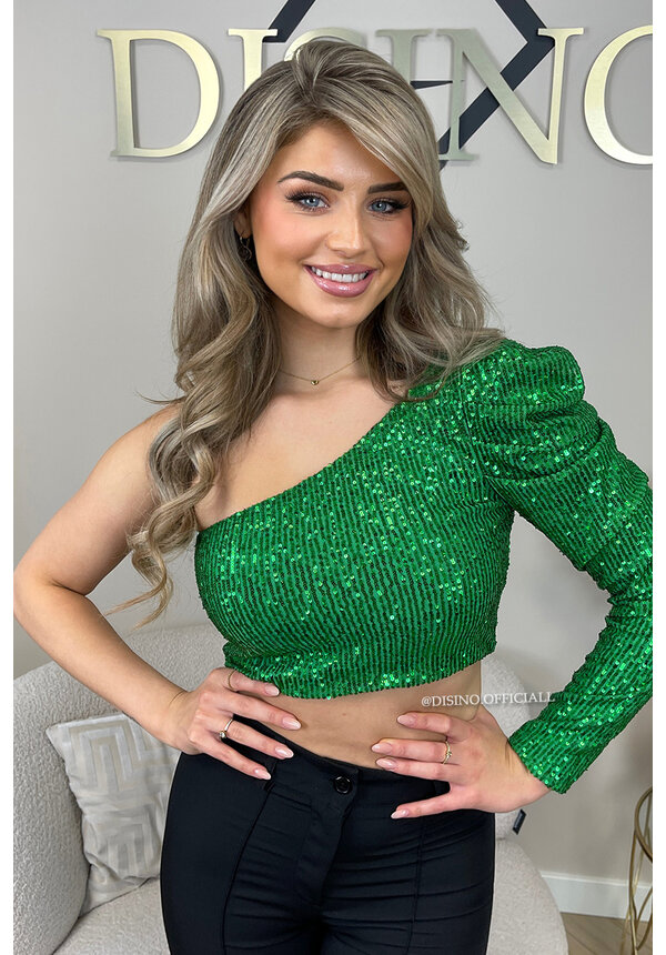 GREEN - 'NORA' - SPARKLE ONE ARM ALL OVER SEQUIN TOP