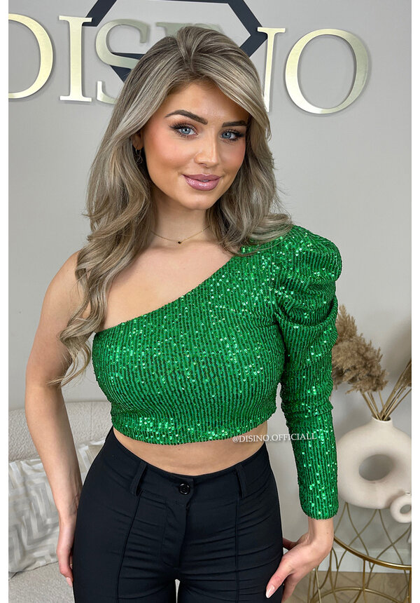 GREEN - 'NORA' - SPARKLE ONE ARM ALL OVER SEQUIN TOP