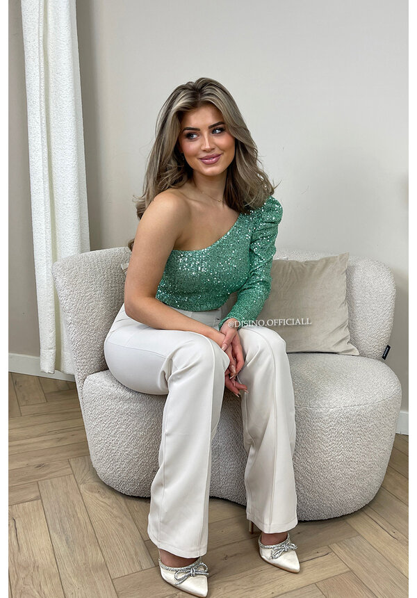 MINT GREEN - 'NORA' - SPARKLE ONE ARM ALL OVER SEQUIN TOP