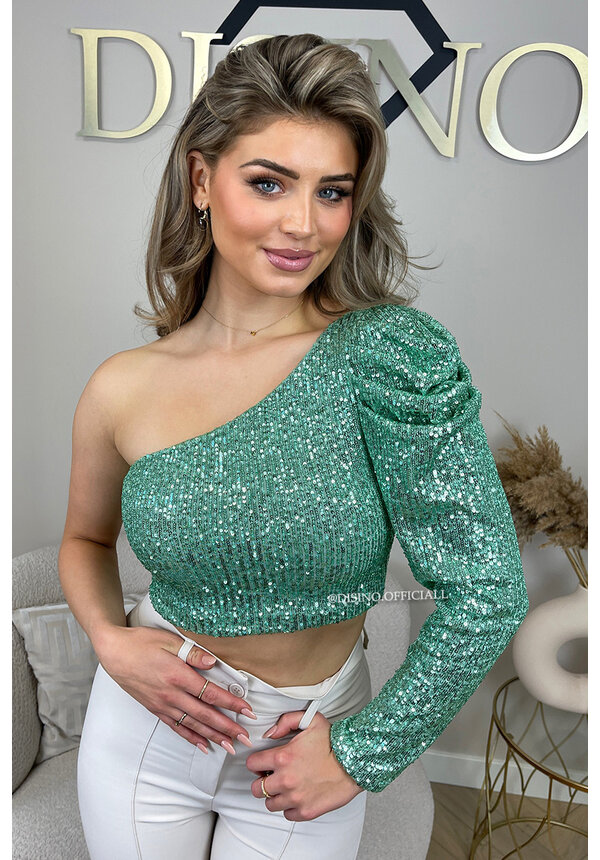 MINT GREEN - 'NORA' - SPARKLE ONE ARM ALL OVER SEQUIN TOP