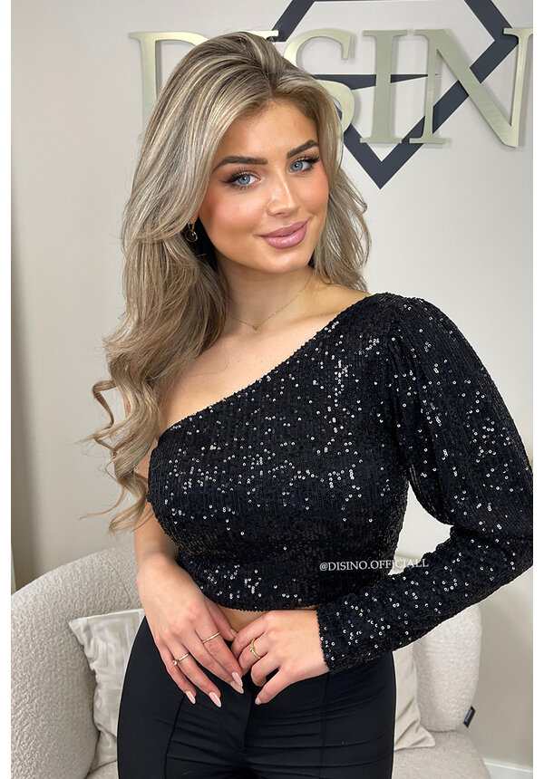 BLACK - 'NORA' - SPARKLE ONE ARM ALL OVER SEQUIN TOP