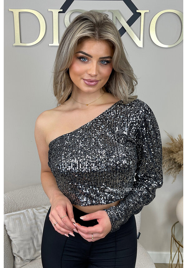 SILVER - 'NORA' - SPARKLE ONE ARM ALL OVER SEQUIN TOP