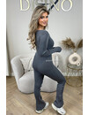 WASHED GREY - 'RYLEE' - PREMIUM QUALITY FLARE KNITTED RIB ZIPPER JUMPSUIT