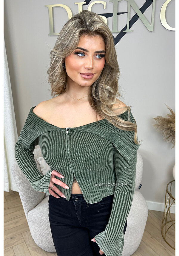 KHAKI GREEN - 'LENA' - WASHED SHORT ZIP UP JUMPER