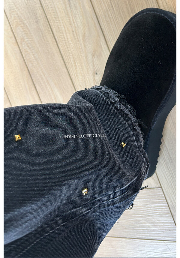 WASHED BLACK - 'REGINA' - GOLD STUDS EXCLUSIVE STRETCH WIDE LEG JEANS