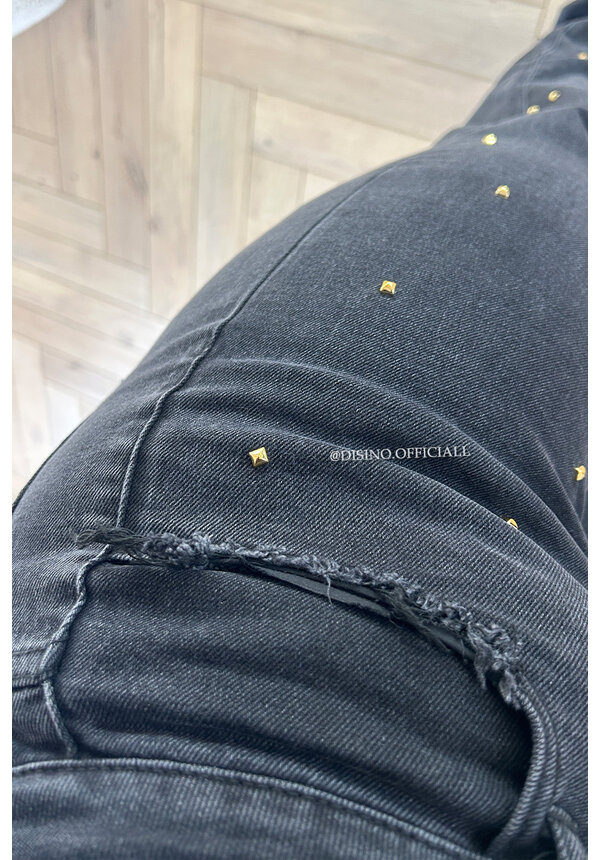 WASHED BLACK - 'REGINA' - GOLD STUDS EXCLUSIVE STRETCH WIDE LEG JEANS