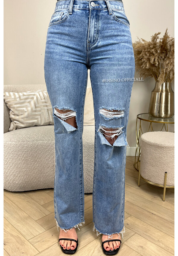 LIGHT BLUE - 'MURCIA' - EXTREME RIPPED STRAIGHT LEG SPLIT JEANS - 1681