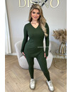 KHAKI GREEN - 'LISA' - BASIC RIBBED V-NECK TWO PIECE SET