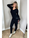 BLACK - 'LISA' - BASIC RIBBED V-NECK TWO PIECE SET