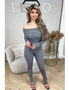 GREY - 'JAIMY-LYNN JUMPSUIT' - RIBBED OFF SHOULDER LONG SLEEVE JUMPSUIT