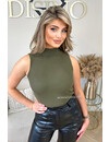 KHAKI GREEN - 'VOYEL' - TURTLE NECK SLEEVELESS RIBBED TOP