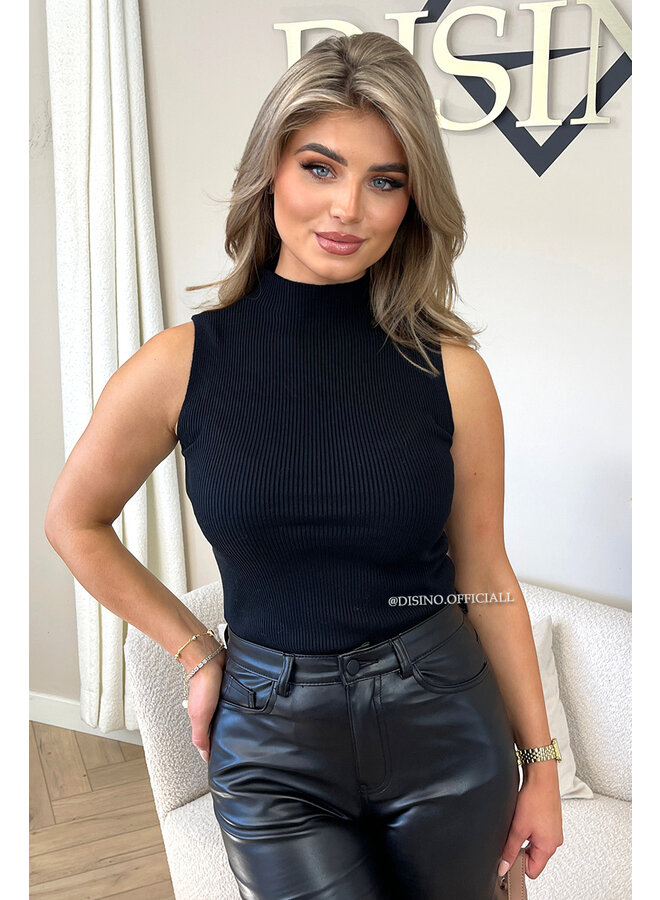 BLACK - 'VOYEL' - TURTLE NECK SLEEVELESS RIBBED TOP