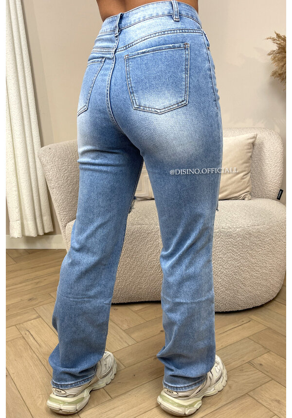 LIGHT BLUE - 'DENVER' - HIGH WAIST DESTROYED STRAIGHT LEG JEANS - 137