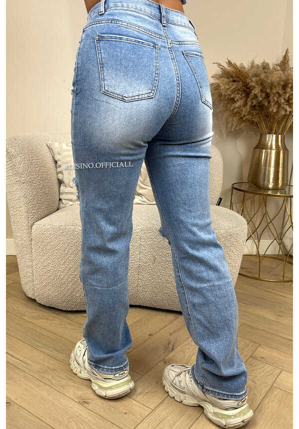 LIGHT BLUE - 'DENVER' - HIGH WAIST DESTROYED STRAIGHT LEG JEANS - 137