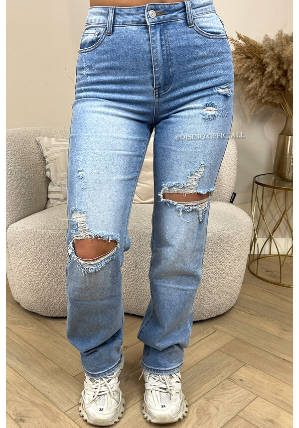 LIGHT BLUE - 'DENVER' - HIGH WAIST DESTROYED STRAIGHT LEG JEANS - 137