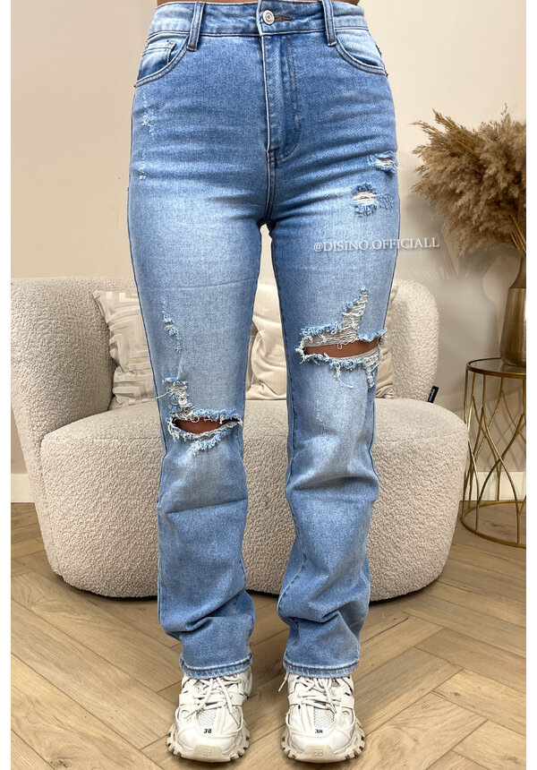 LIGHT BLUE - 'DENVER' - HIGH WAIST DESTROYED STRAIGHT LEG JEANS - 137