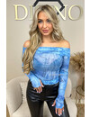 BLUE - 'NAOMI MESH' - JEANS PATCHES MESH OFF SHOULDER LONG SLEEVE TOP