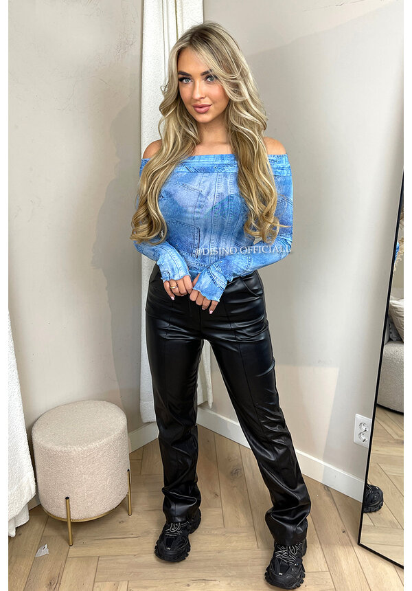 BLUE - 'NAOMI MESH' - JEANS PATCHES MESH OFF SHOULDER LONG SLEEVE TOP