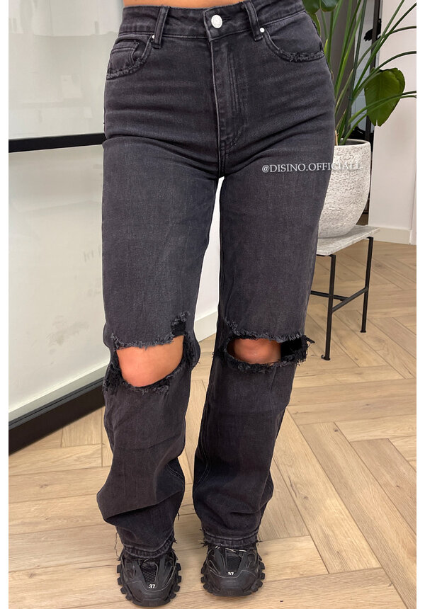 WASHED BLACK - 'LONDON' - STRETCH RIPPED KNEE BOYFRIEND JEANS - 3329