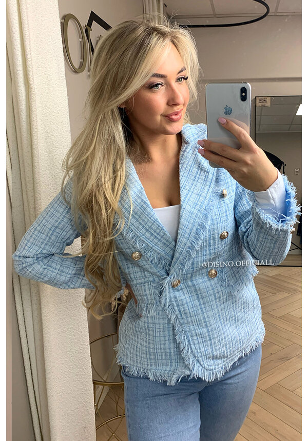 LIGHT BLUE - 'ANGELA' - GOLD BUTTON TWEED BLAZER