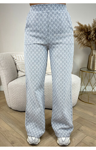 GREY - 'VALENCIA PANTS' - INSPIRED DESIGNER LOGO WIDE LEG PANTS 