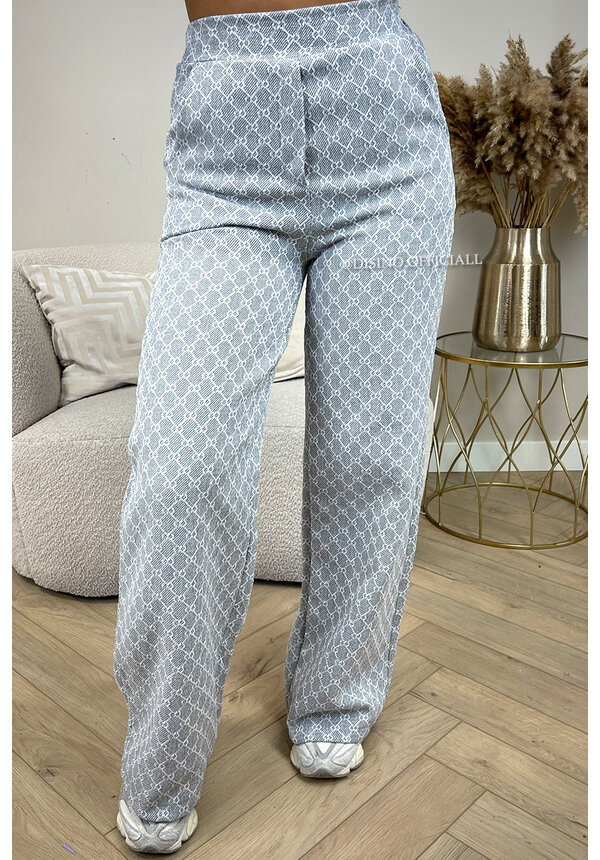 GREY - 'VALENCIA PANTS' - INSPIRED DESIGNER LOGO WIDE LEG PANTS