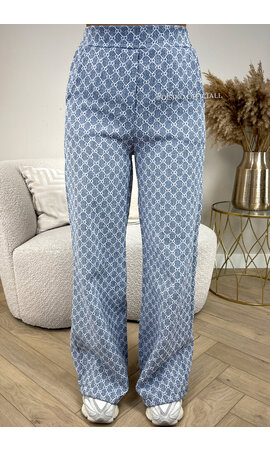 BLUE - 'VALENCIA PANTS' - INSPIRED DESIGNER LOGO WIDE LEG PANTS