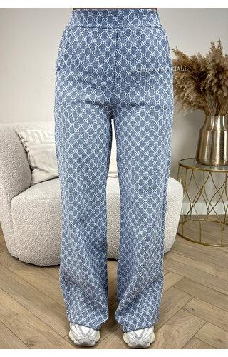 BLUE - 'VALENCIA PANTS' - INSPIRED DESIGNER LOGO WIDE LEG PANTS 