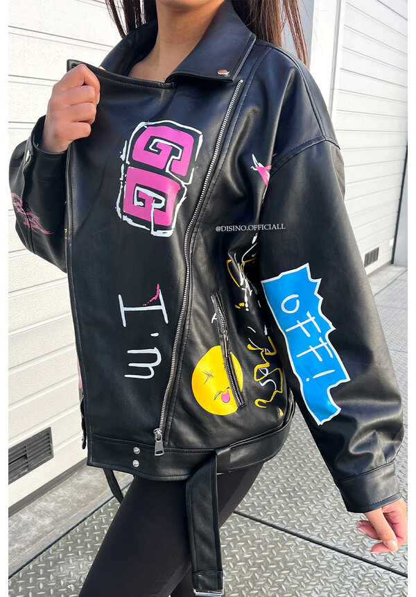 BLACK - 'NIKKI JACKET' - OVERSIZED EXCLUSIVE GRAFFITI LEATHER JACKET