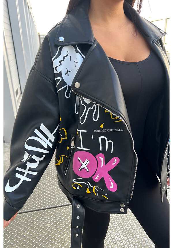 BLACK - 'NIKKI JACKET' - OVERSIZED EXCLUSIVE GRAFFITI LEATHER JACKET