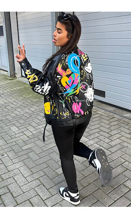 BLACK - 'NIKKI JACKET' - OVERSIZED EXCLUSIVE GRAFFITI LEATHER JACKET