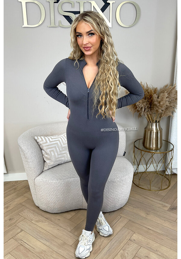 DARK GREY - 'TYRA V2' - SUPER SHAPING RIBBED ZIPPER SEAMLESS JUMPSUIT