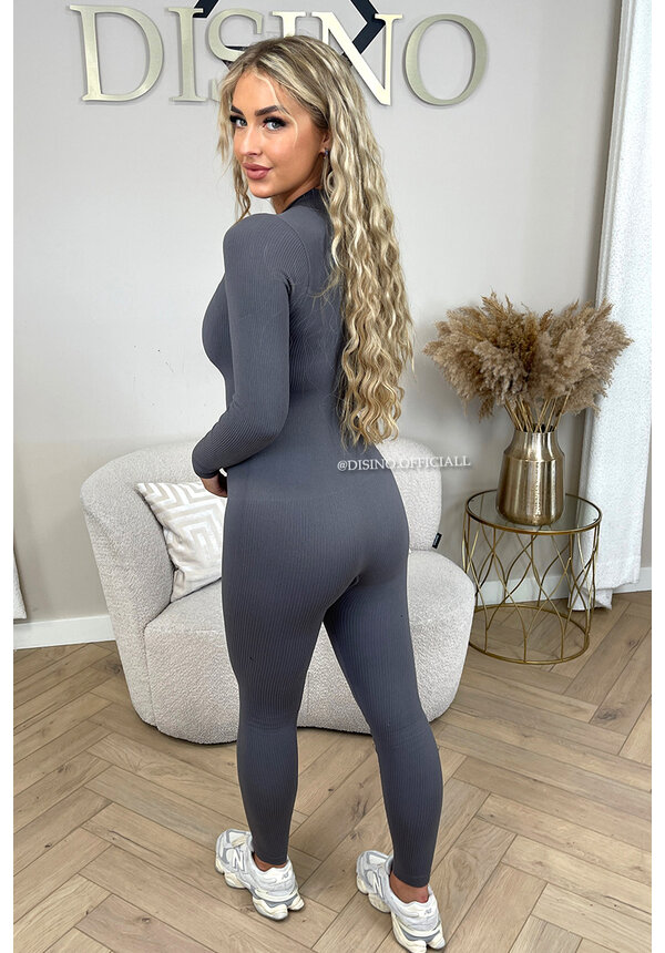 DARK GREY - 'TYRA V2' - SUPER SHAPING RIBBED ZIPPER SEAMLESS JUMPSUIT