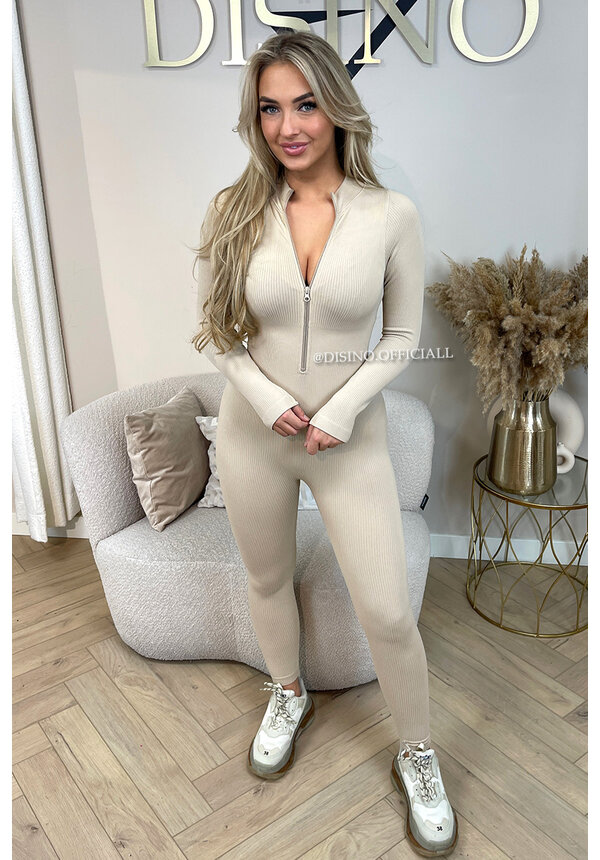 BEIGE - 'TYRA V2' - SUPER SHAPING RIBBED ZIPPER JUMPSUIT